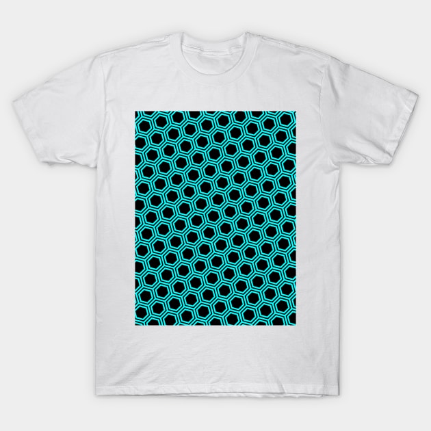 Pattern hexagon blue on black background T-Shirt by la chataigne qui vole ⭐⭐⭐⭐⭐